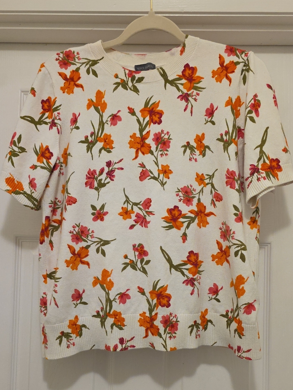 Vince Camuto Cream Short-Sleeve Top with Orange & Pink Floral Print
